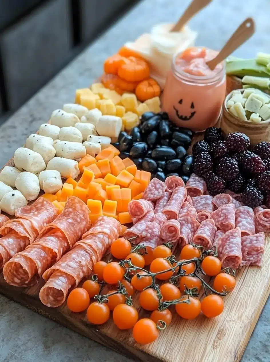 Kid's Halloween Charcuterie Board 2 Decorative kid's Halloween charcuterie board filled with spooky snacks and treats.