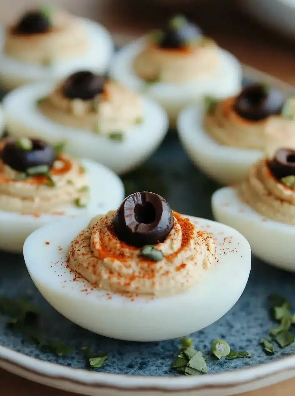Spooky deviled eggs decorated for Halloween