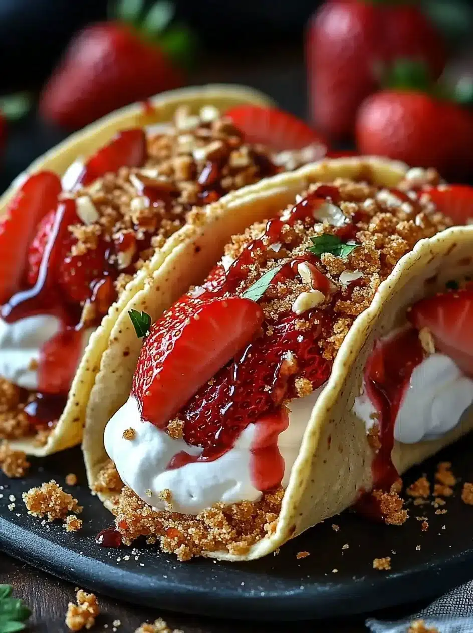 Strawberry Crunch Cheesecake Tacos 2 Strawberry Crunch Cheesecake Tacos with fresh strawberries and crunchy topping