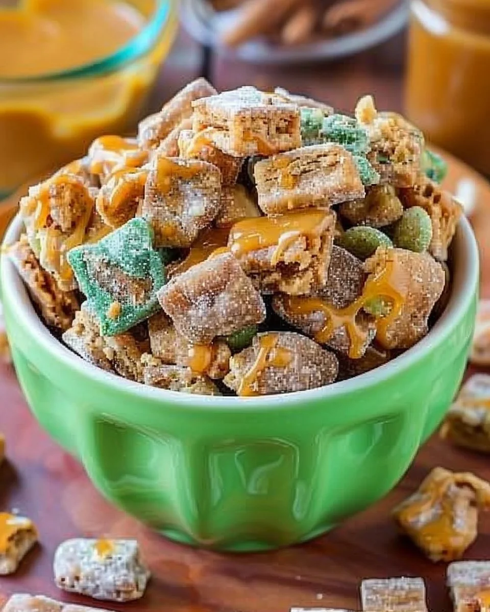 Apple Cinnamon Puppy Chow 2 A bowl of homemade Apple Cinnamon Puppy Chow with cinnamon and apple pieces.