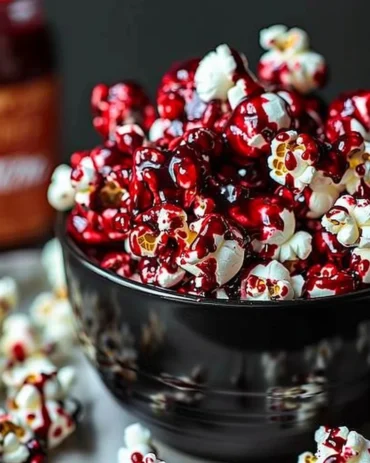 Bloody red velvet popcorn with a rich flavor and spooky design for Halloween treats
