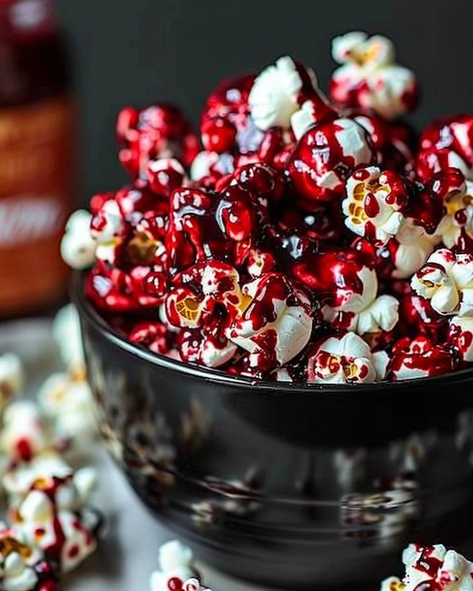 Bloody Red Velvet Popcorn 2 Bloody red velvet popcorn with a rich flavor and spooky design for Halloween treats