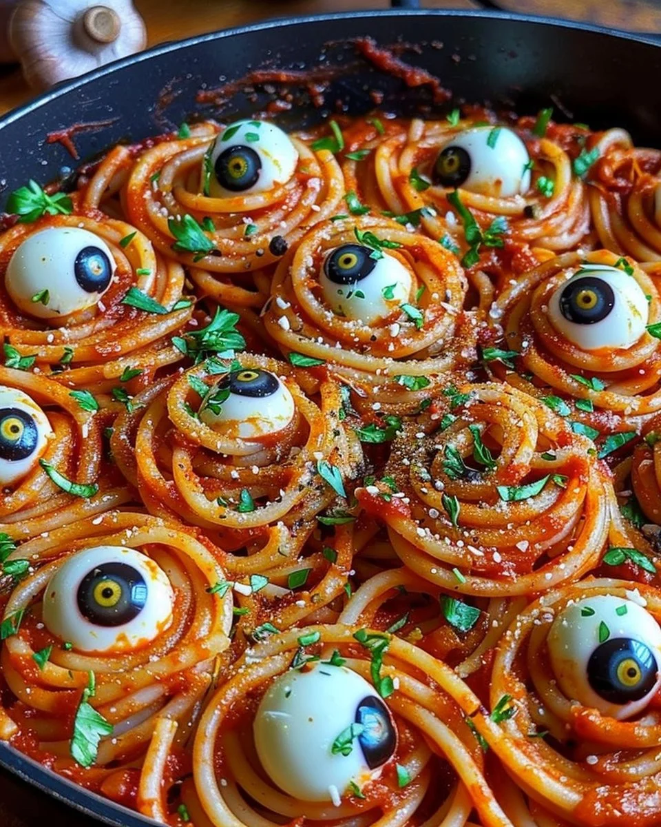 Bloody spaghetti with mozzarella eyeballs for a Halloween-themed meal