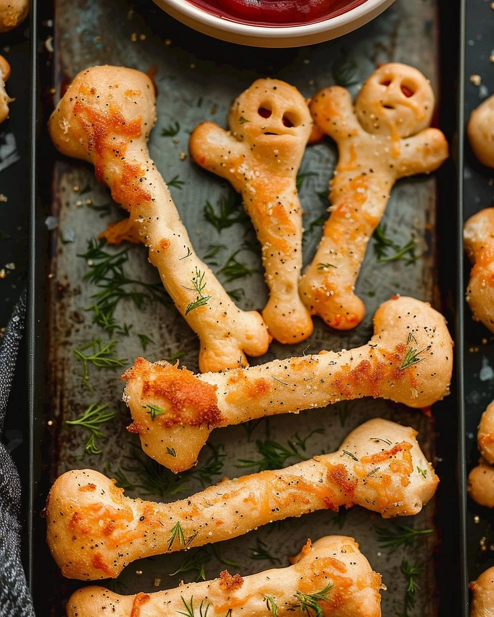 Cheesy Halloween Breadstick Bones 2 Cheesy Halloween breadstick bones shaped like skeletons for spooky snacks