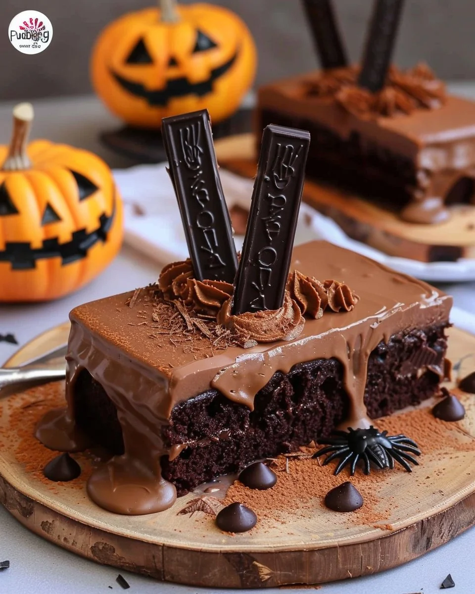 Chocolate cake with Halloween decoration 2 Halloween decorated chocolate cake with spooky designs and festive elements