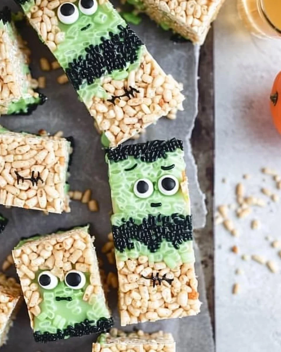 Frankenstein Halloween Rice Krispie Treats 2 Frankenstein Halloween Rice Krispie treats decorated with green icing and candy eyes