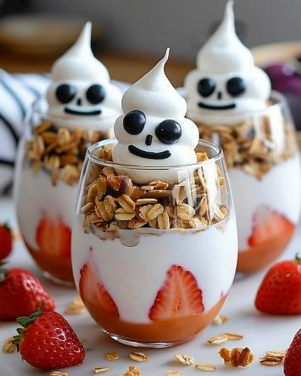 Ghostly Yogurt Parfaits 2 Spooky ghostly yogurt parfaits with layers of yogurt and fruit for Halloween.