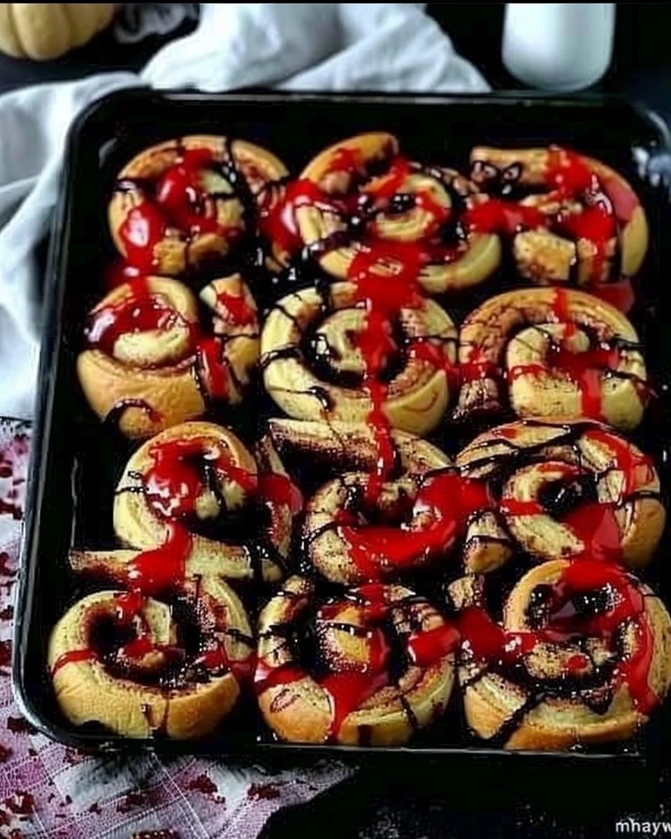 Bloody Guts Cinnamon Rolls for Halloween breakfast with spooky presentation