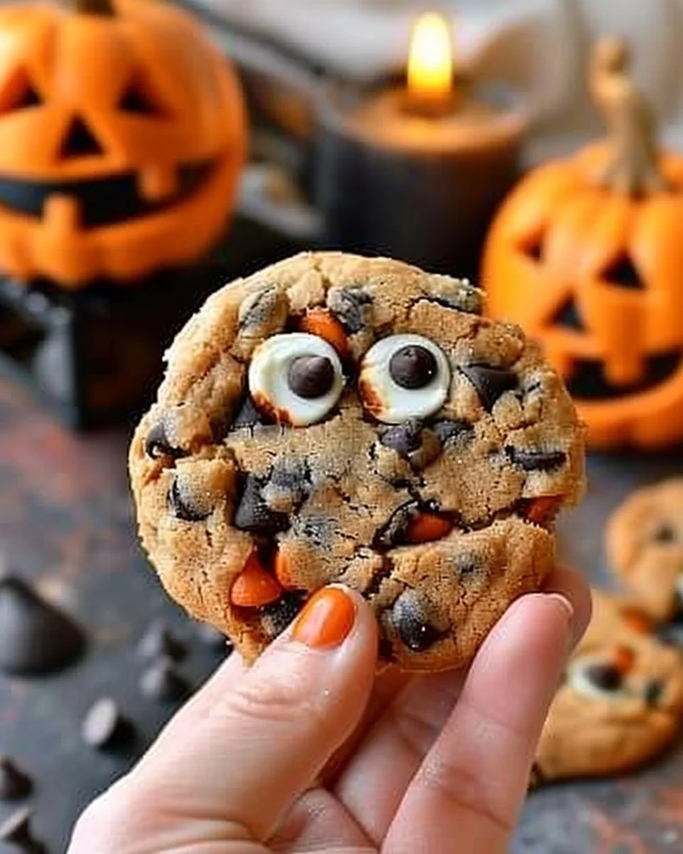 Halloween Chocolate Chip Cookies 2 Festive Halloween chocolate chip cookies decorated with spooky themes.