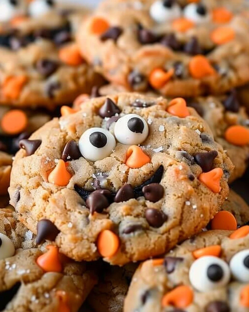 Halloween Chocolate Chip Cookies 2 Halloween-themed chocolate chip cookies decorated with spooky designs