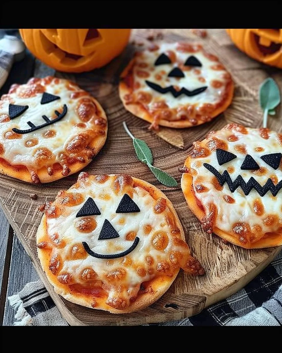 Halloween Mini Pizzas 2 Delicious Halloween mini pizzas decorated in spooky themes for festive fun.