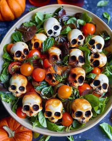 A vibrant Halloween salad featuring spooky-themed ingredients for a festive touch.