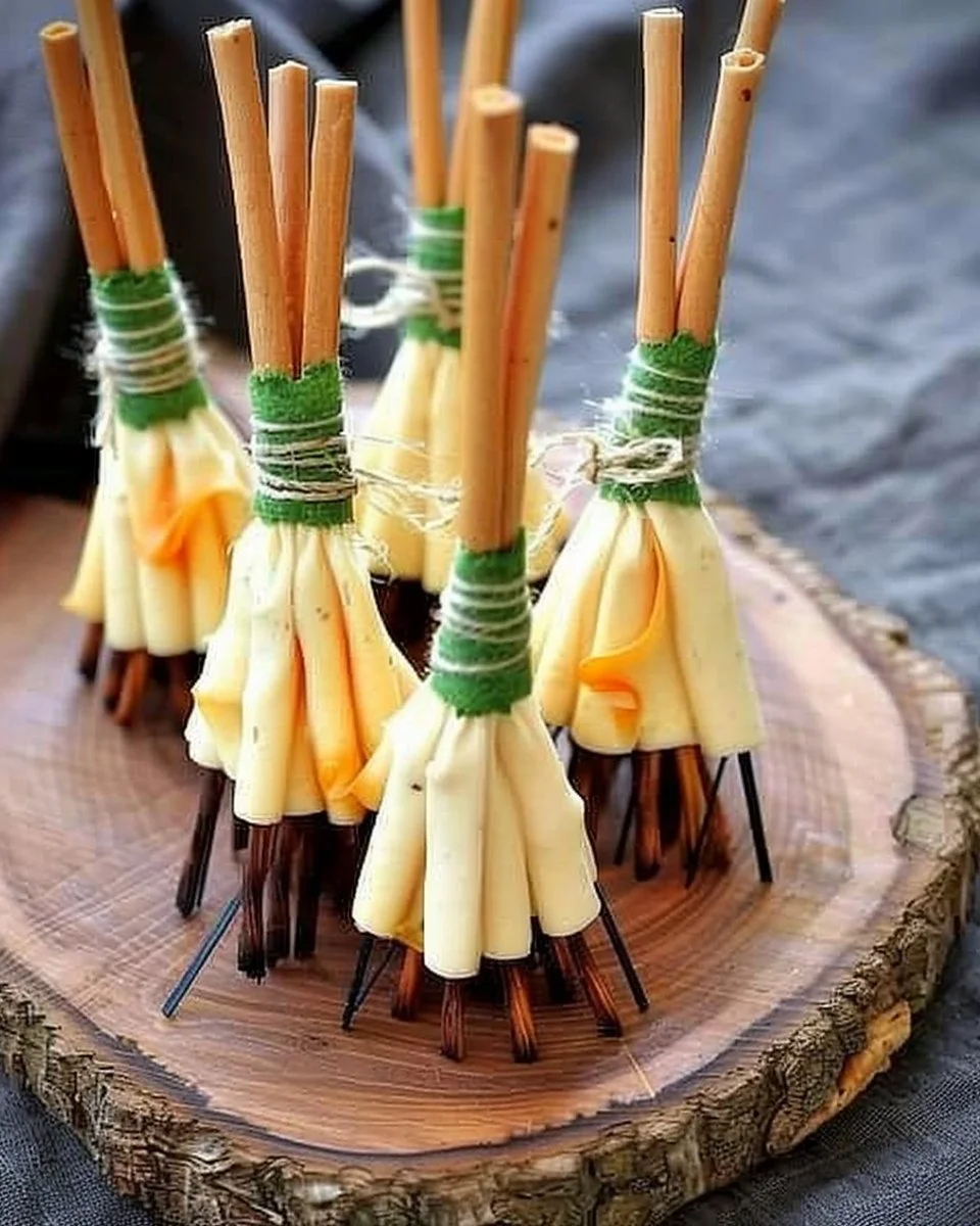 Just some appetizer sticks and slices of cheese to make these Halloween broomsticks. 2 A plate of Halloween broomsticks made from appetizer sticks and cheese slices.