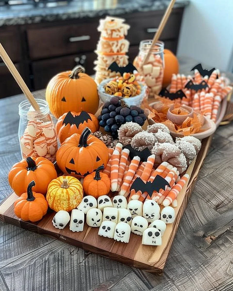 Kid's Halloween charcuterie board with spooky snacks and treats.