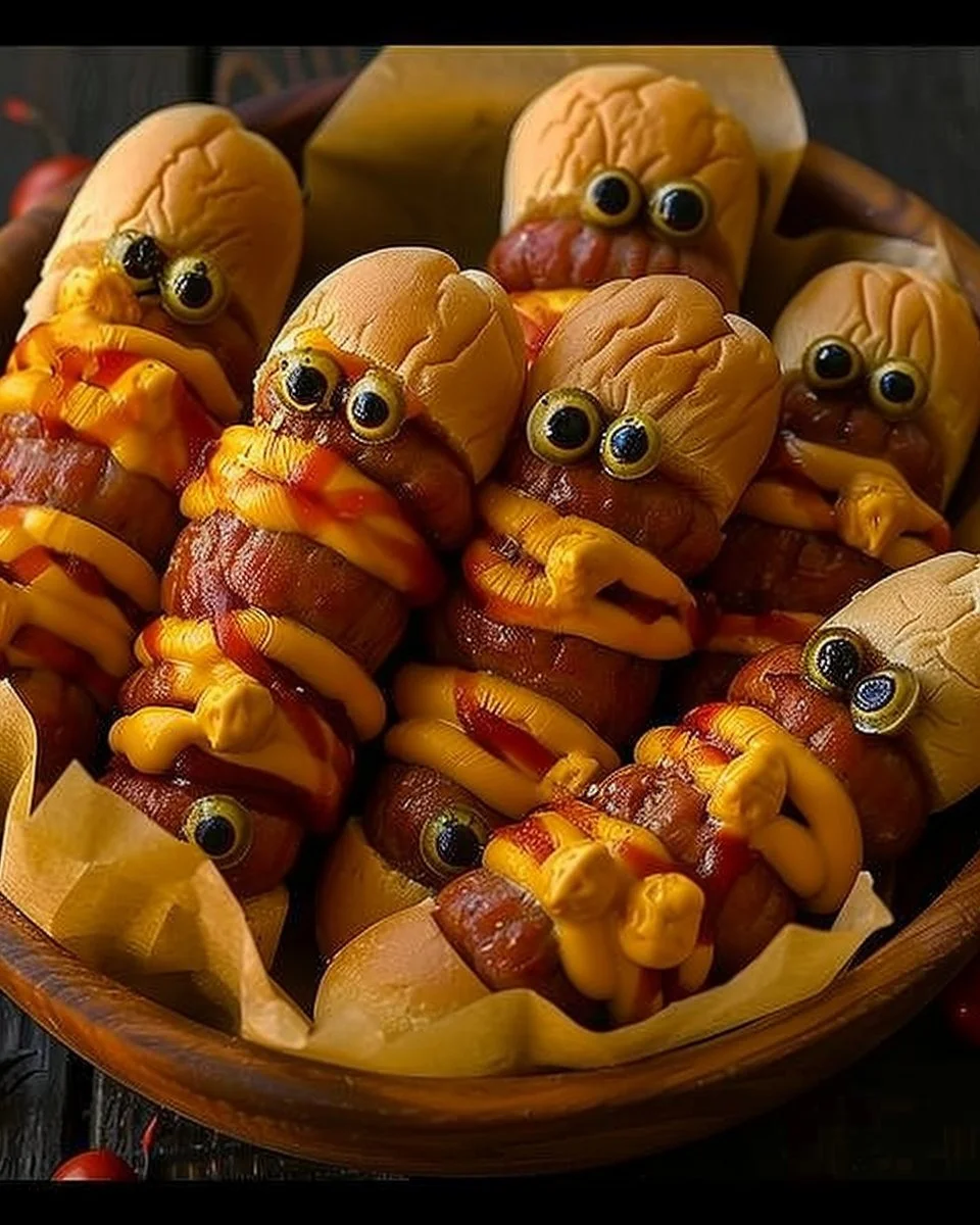 Mummy Hot Dogs 2 Festive Mummy Hot Dogs wrapped in pastry for Halloween party snacks