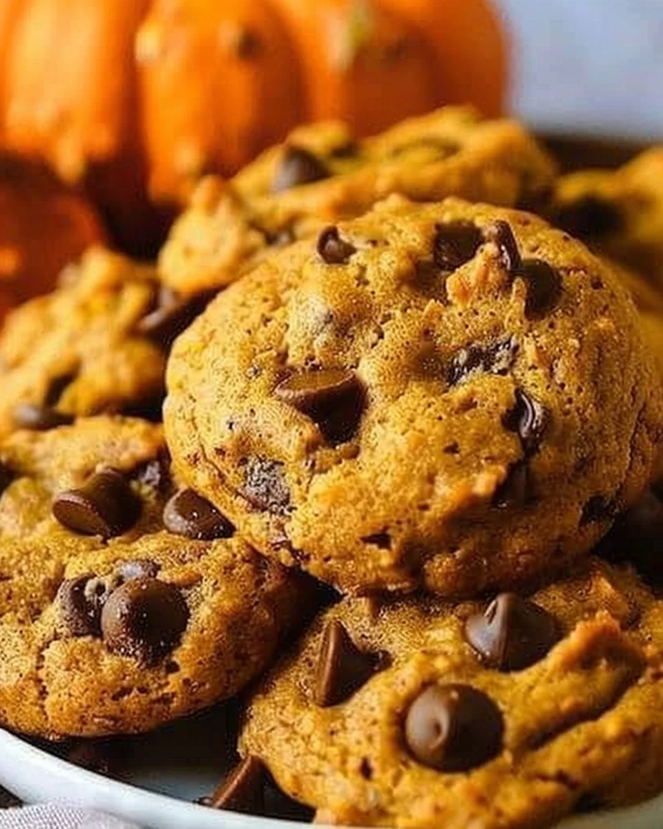 Freshly baked pumpkin chocolate chip cookies on a cooling rack