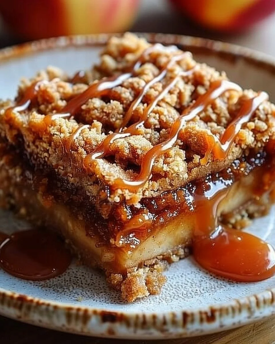 Salted caramel apple crumble bars served on a plate, perfect fall dessert