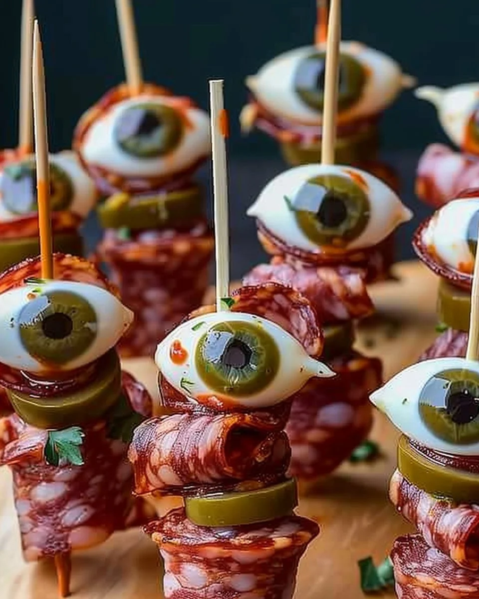 Skewered Salami Eyeballs 2 Skewered salami eyeballs topped with olives for a spooky party snack