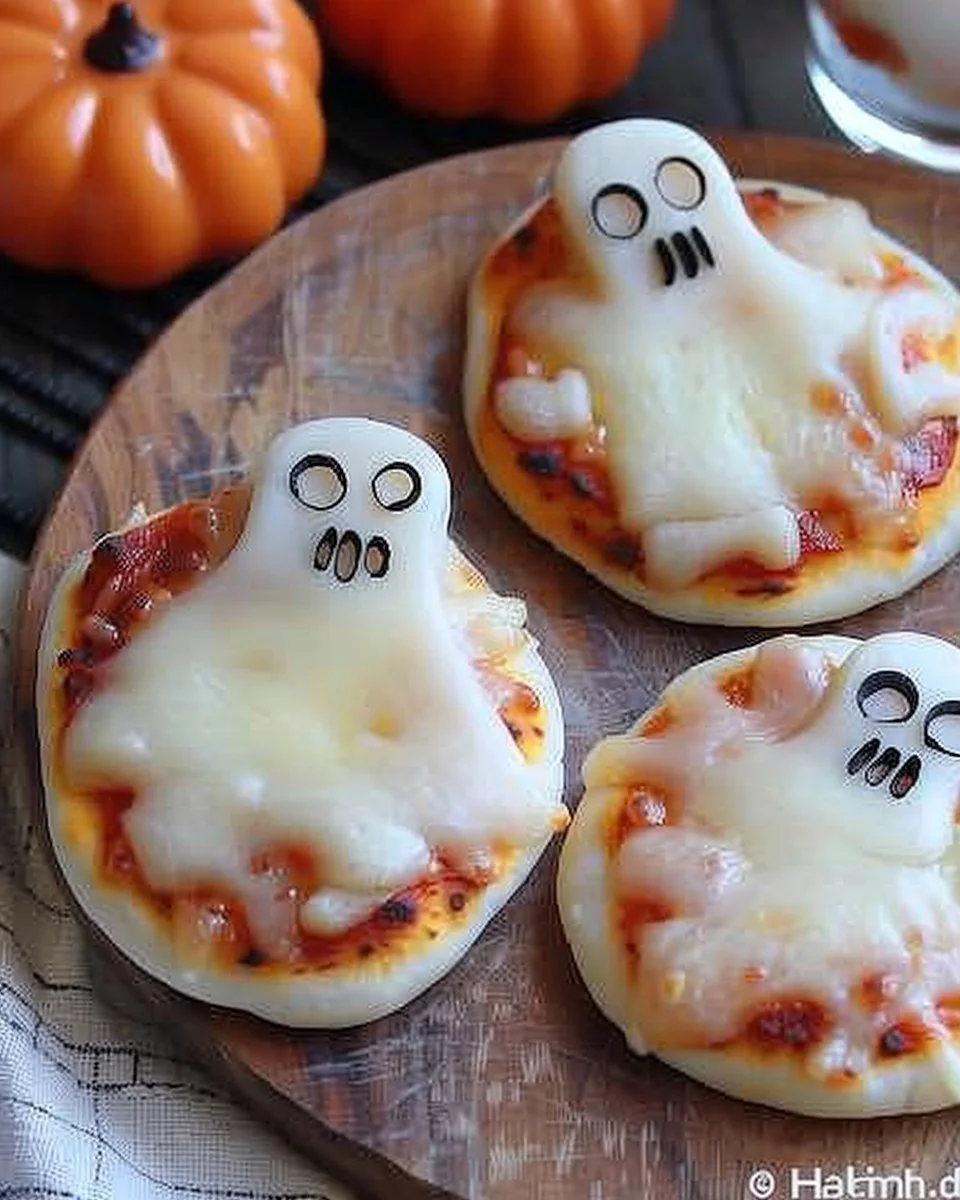 Spooktacular Mini Ghost Pizzas That Are Eerily Easy to Make 2 Mini ghost pizzas decorated for Halloween party