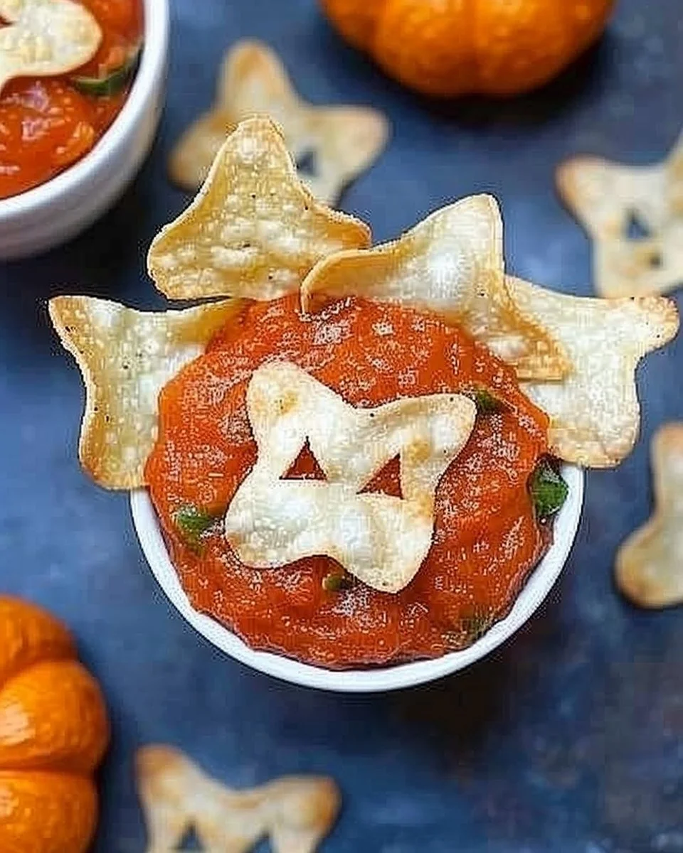 Spooky Baked Halloween Chips 2 Spooky baked Halloween chips in a festive bowl ready for a Halloween party.