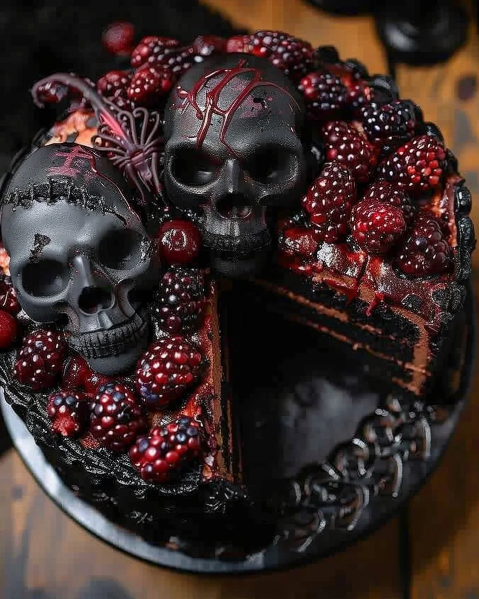 Spooky black velvet Halloween cake with eerie decorations and dark frosting