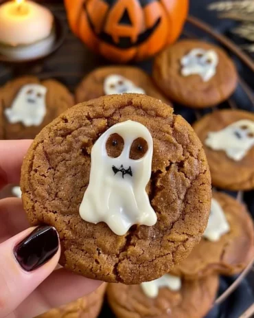 Spooky ghost brown butter pumpkin cookies on a festive Halloween plate