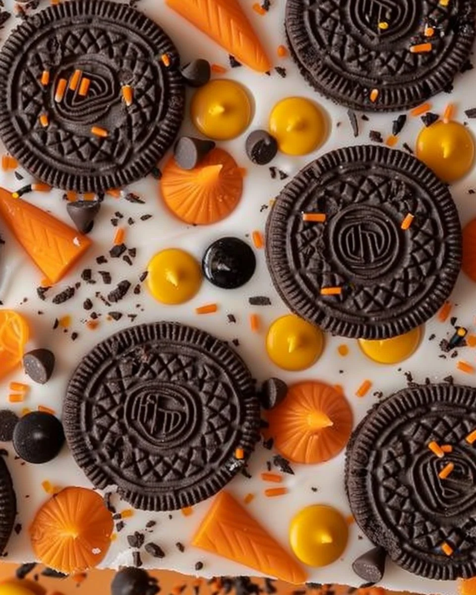 Spooky Halloween Oreo Bark 2 Delicious Halloween Oreo Bark with spooky decorations and festive colors