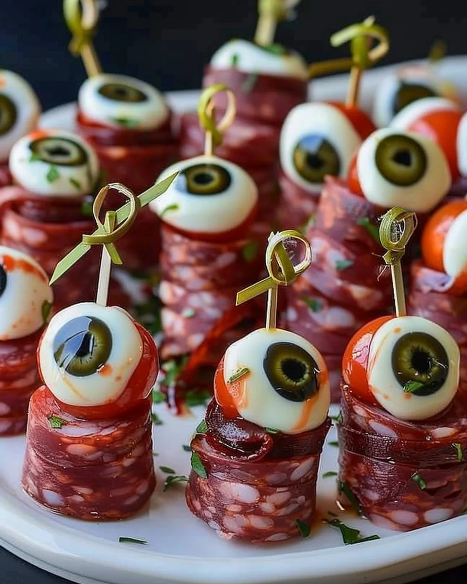 Spooky Salami Eyeball Bites 2 Spooky salami eyeball bites with olives and cheese for Halloween party.