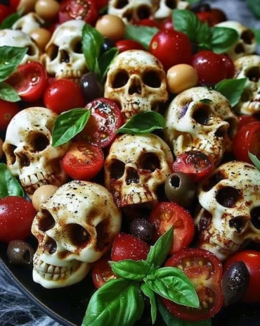 Spooky skull caprese salad with tomatoes, mozzarella, and basil for Halloween