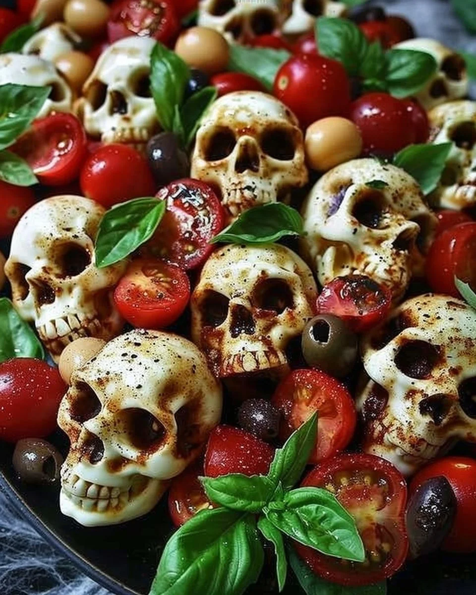 Spooky Skull Caprese Salad Recipe 2 Spooky skull caprese salad with tomatoes, mozzarella, and basil for Halloween