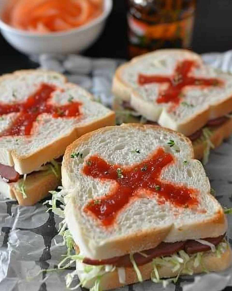 Terrifying Coffin Sandwiches 2 Spooky coffin sandwiches on a dark background, perfect for Halloween-themed events.