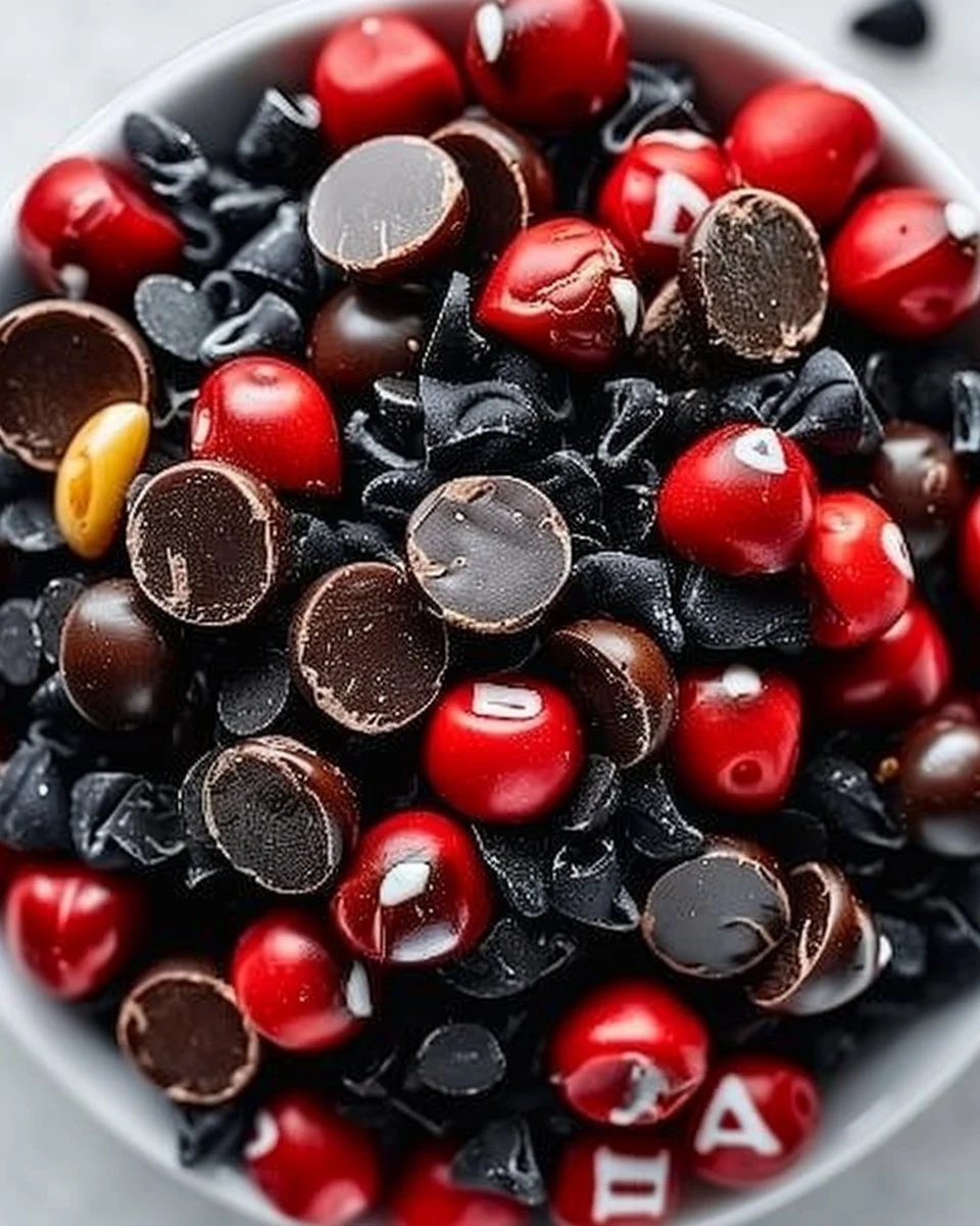 Vampire Bite Trail Mix 2 Vampire Bite Trail Mix with almonds, raisins, and dark chocolate for Halloween.