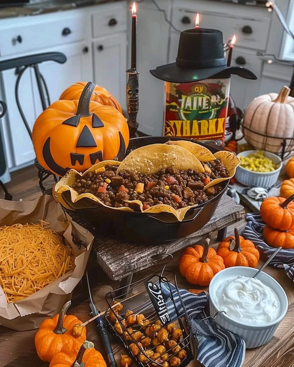 Delicious walking taco bar setup for Halloween celebration