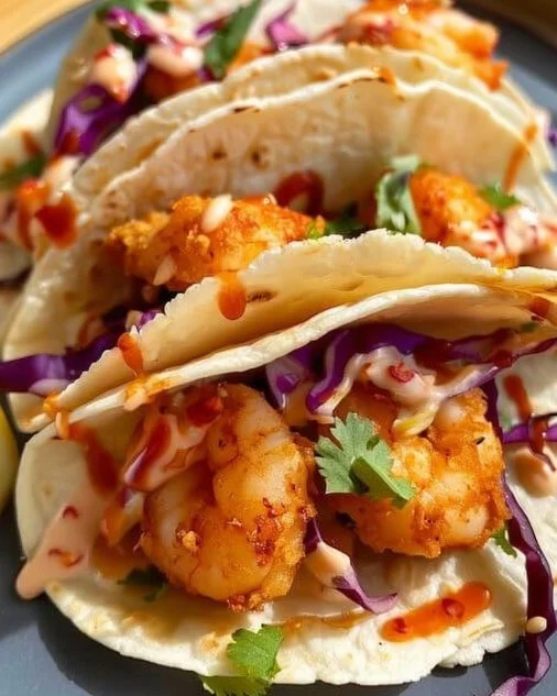 Delicious Air Fryer Bang Bang Shrimp Tacos served with zesty sauce
