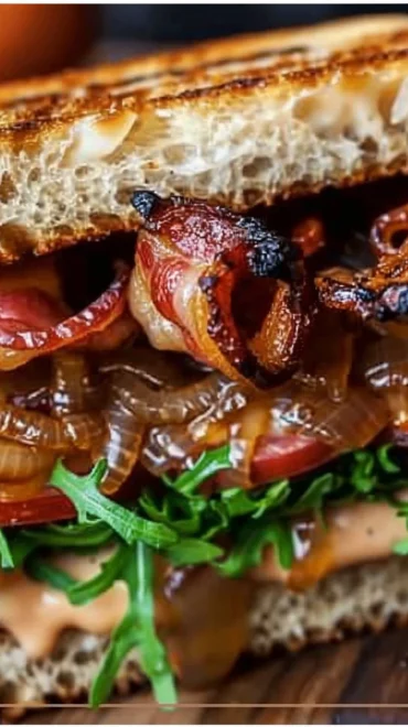 Bacon sandwich with caramelized onions on a rustic bread