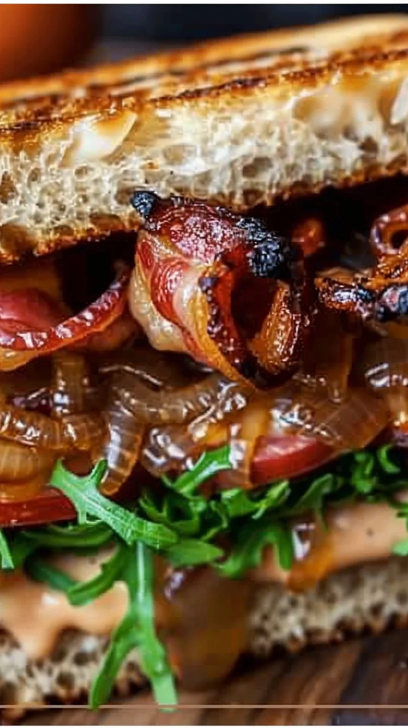 Bacon sandwich with caramelized onions on a rustic bread