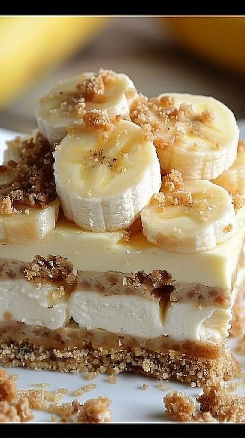 Banana Pudding Cheesecake Squares 2 Delicious Banana Pudding Cheesecake Squares topped with whipped cream and banana slices