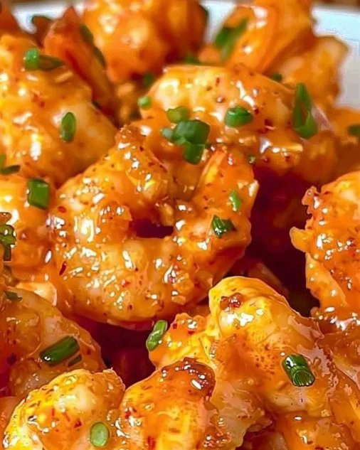 Plate of Bang Bang Shrimp garnished with green onions and sesame seeds.