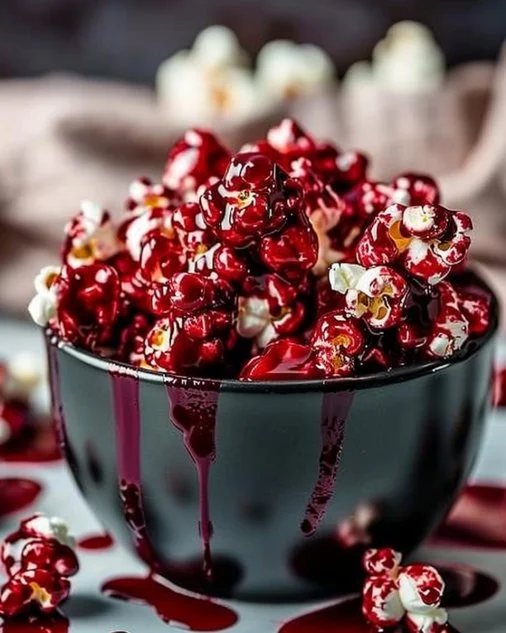 Bloody Red Velvet Popcorn 2 Bloody Red Velvet Popcorn in a bowl for a festive snack