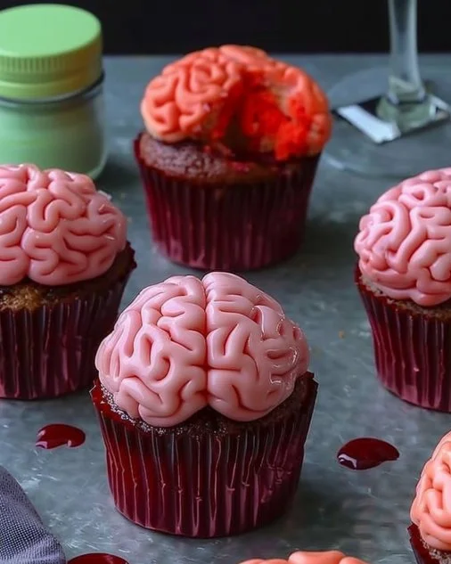 Brain Cupcakes 2 Decorative brain cupcakes topped with colorful frosting for Halloween or themed parties.