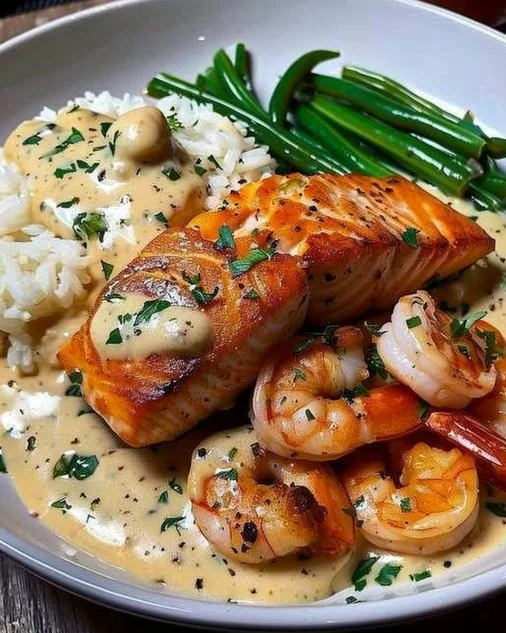 Cajun shrimp and salmon with garlic cream sauce served on a plate