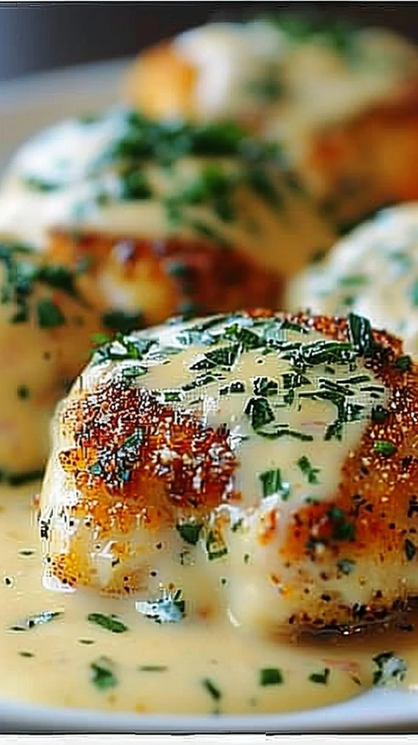 Chicken Pillows with Creamy Parmesan Sauce 2 Delicious chicken pillows with creamy Parmesan sauce served on a plate
