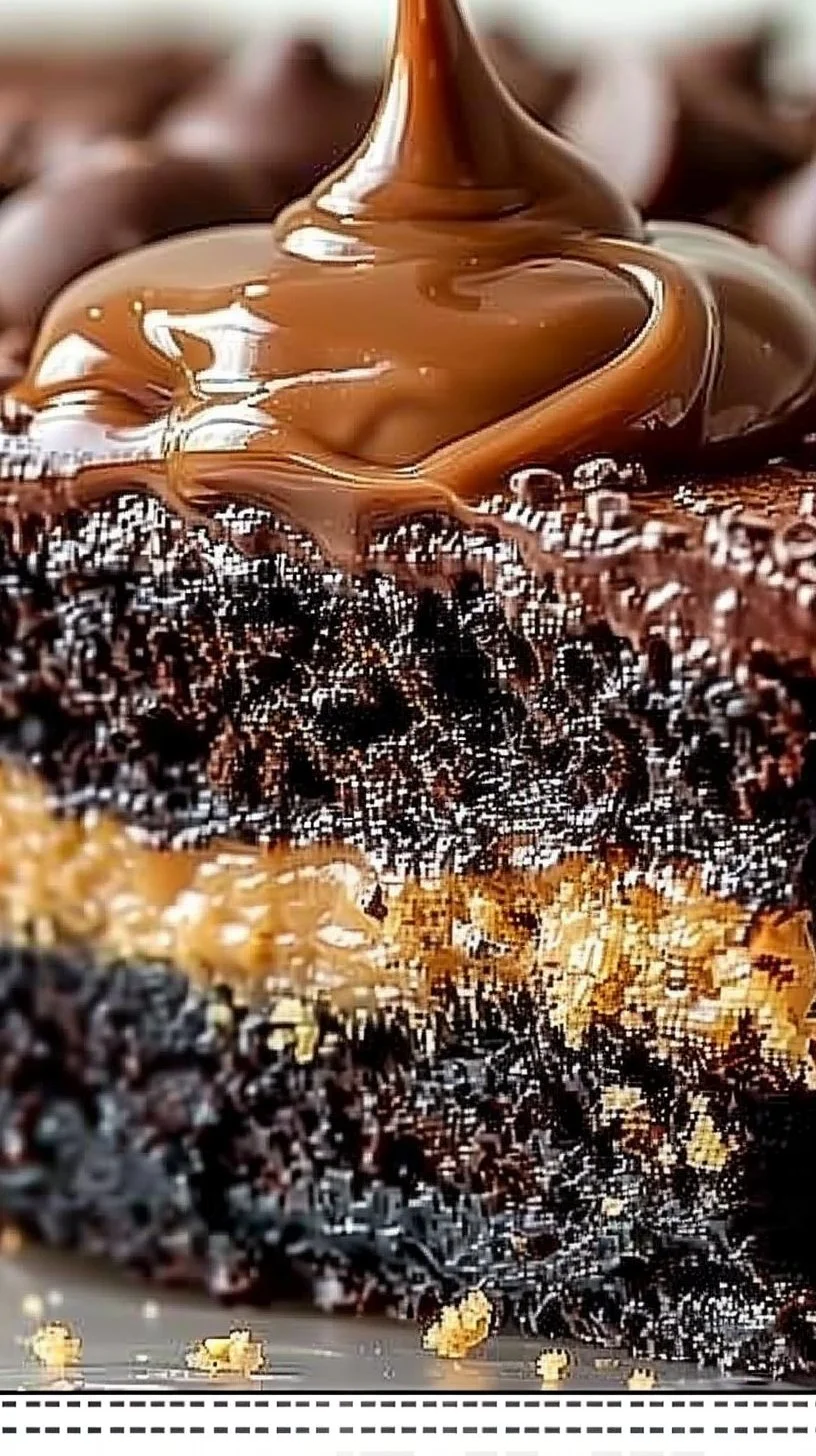 Chocolate Peanut Butter Ooey Gooey Cake 2 Chocolate peanut butter ooey gooey cake topped with rich chocolate frosting.