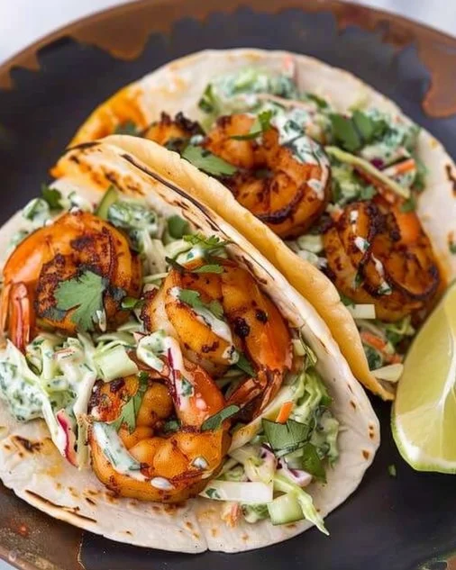 Cilantro Lime Shrimp Tacos 2 Cilantro lime shrimp tacos served with fresh ingredients and toppings.