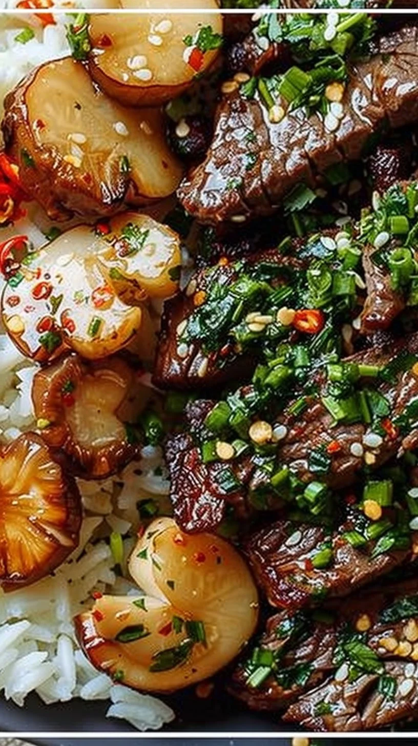 Delicious cozy garlic butter beef bowl garnished with fresh herbs