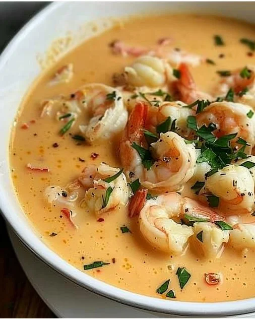 Delicious crab and shrimp seafood bisque served in a bowl