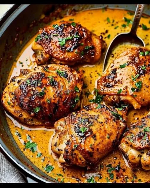 Creamy chicken thighs dish with herbs and spices served on a plate