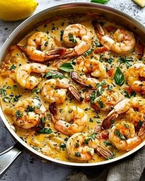 Creamy Garlic Shrimp 2 Plate of creamy garlic shrimp garnished with herbs