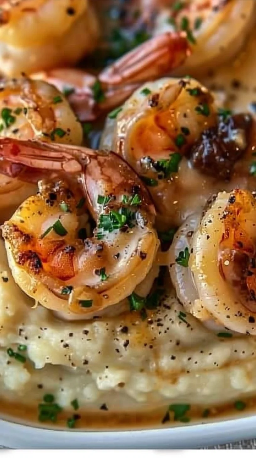 Creamy Garlic Shrimp Over Mashed Potatoes 2 Creamy garlic shrimp served over mashed potatoes in a delicious dish