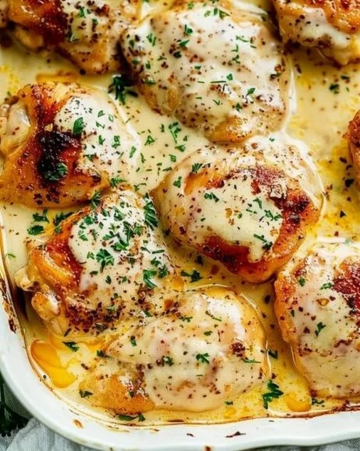 Creamy oven baked chicken thighs garnished and ready to serve